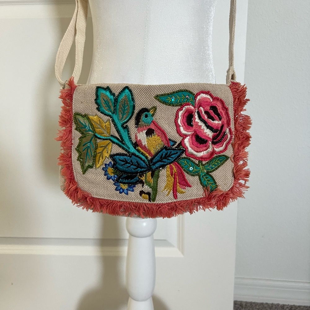 EUC Anthropologie Embroidered Floral Crossbody Bag